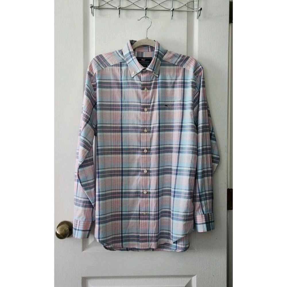 Vineyard Vines Men's Long Sleeve Whale Shirt Button Down Plaid Pink Blue Size M
